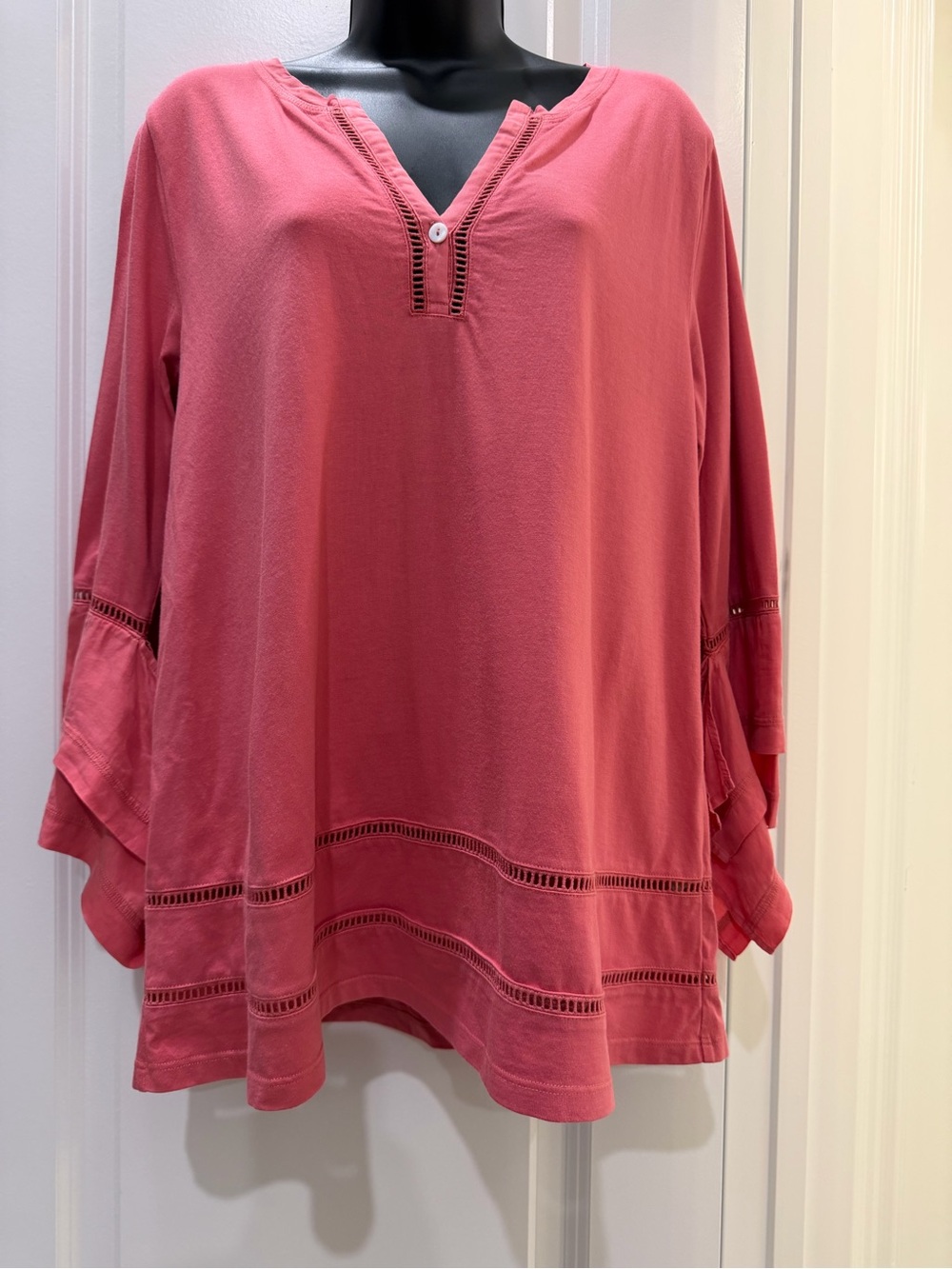 Soft Surroundings Coral Bell Sleeve Tunic Top Crochet Trim Medium